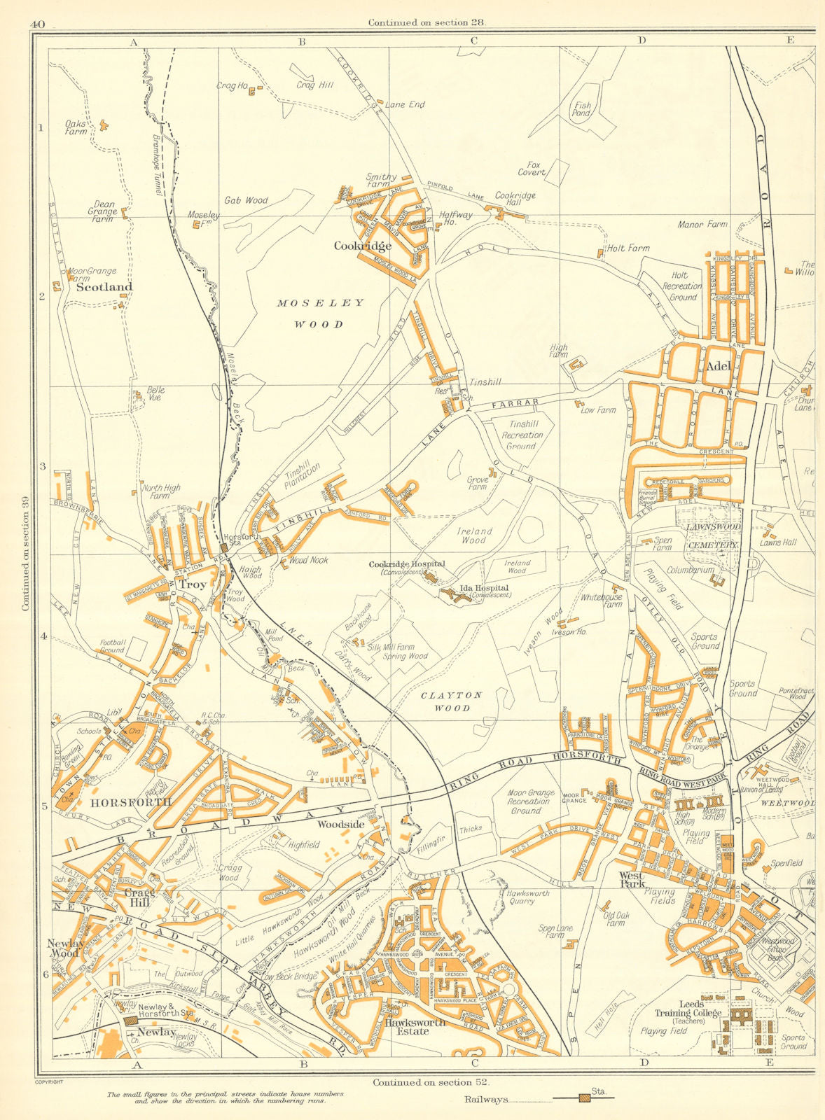 LEEDS Cookridge Newlay Cragg Hill Adel Horsforth Troy Hawksworth 1935 old map
